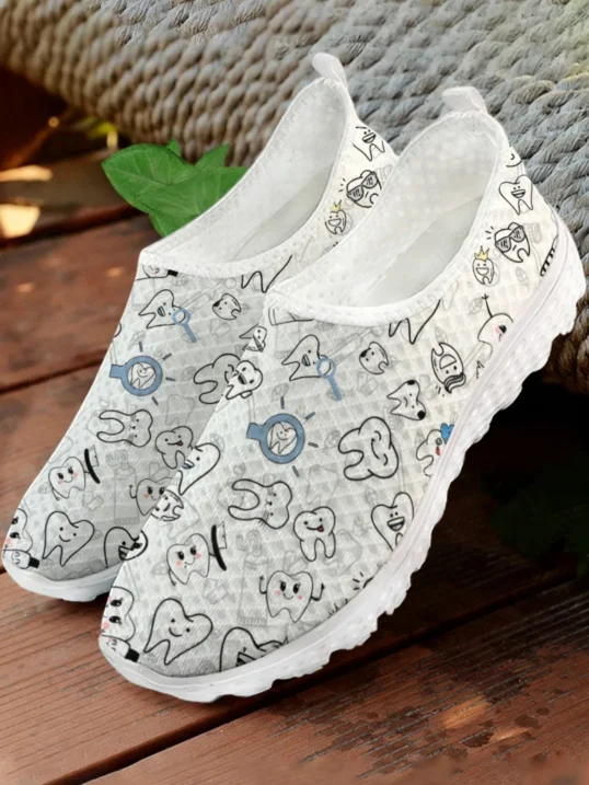 Women Shoes Tennis - White Cartoon Teeth Print Mesh High