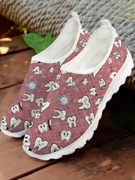 White Cartoon Teeth Print Mesh - Women Shoes Tennis 评论和价格