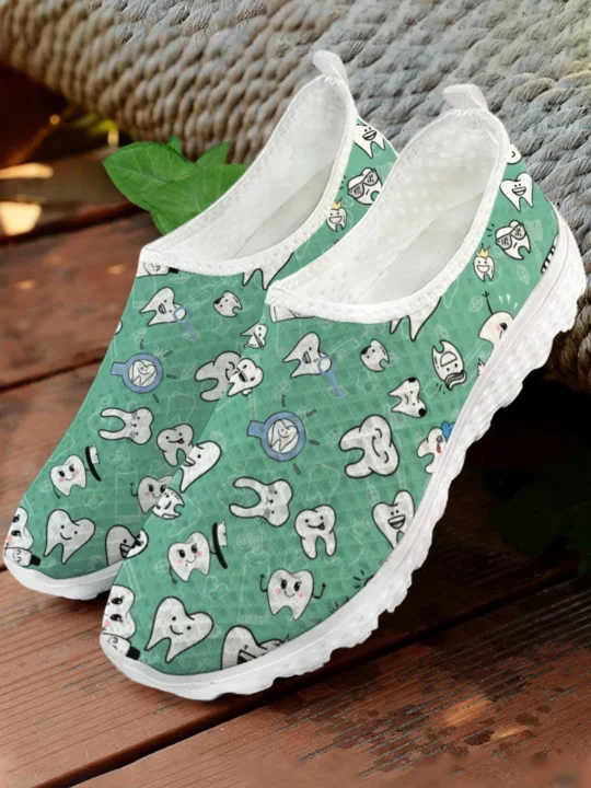 White Cartoon Teeth Print Mesh - Women Shoes Tennis 评论和价格