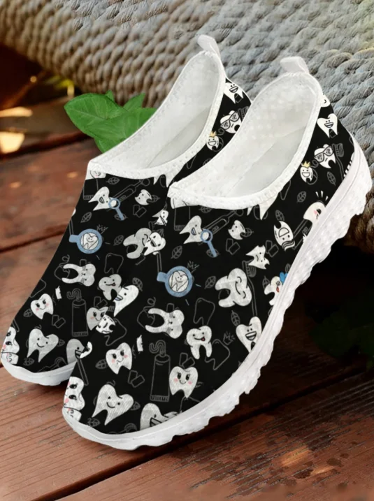 White Cartoon Teeth Print Mesh - Women Shoes Tennis 评论和价格